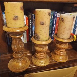 Set of 3 Carved Wood Candle Holders
